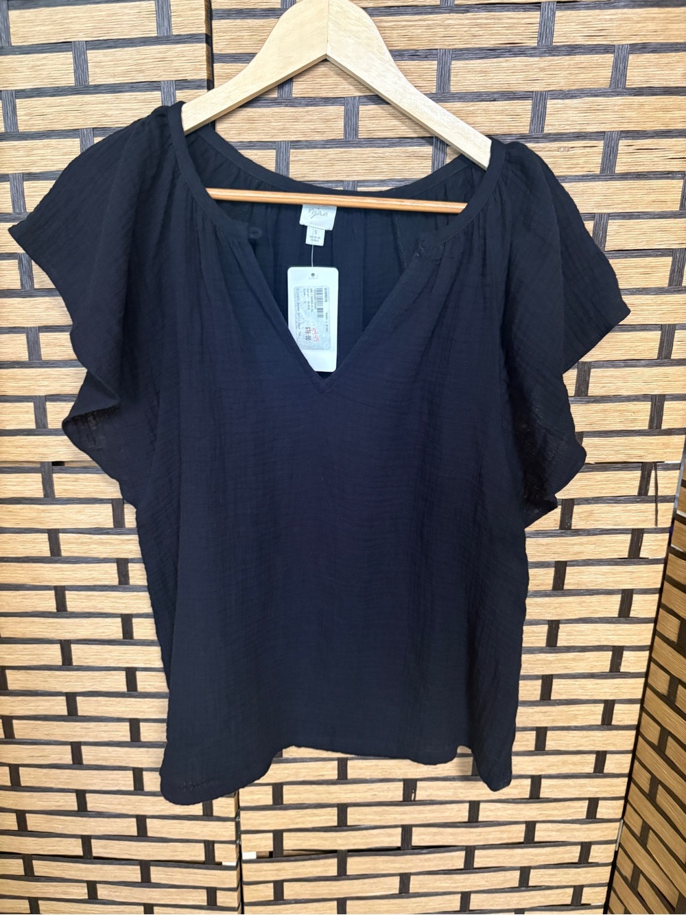 Roan + Ryan Black Gauze Cotton Flutter Sleeve Top Size Small